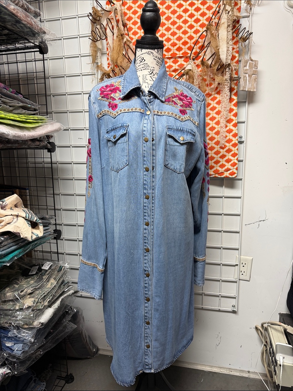 Stetson Light Blue Denim Dress with Pink Floral Embroidery